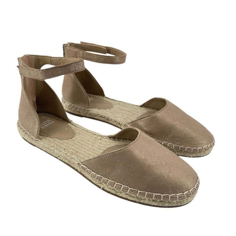 Eileen Fisher Gold Lala Espadrille Flat Ankle Strap Shoes Women’s Size 9.5